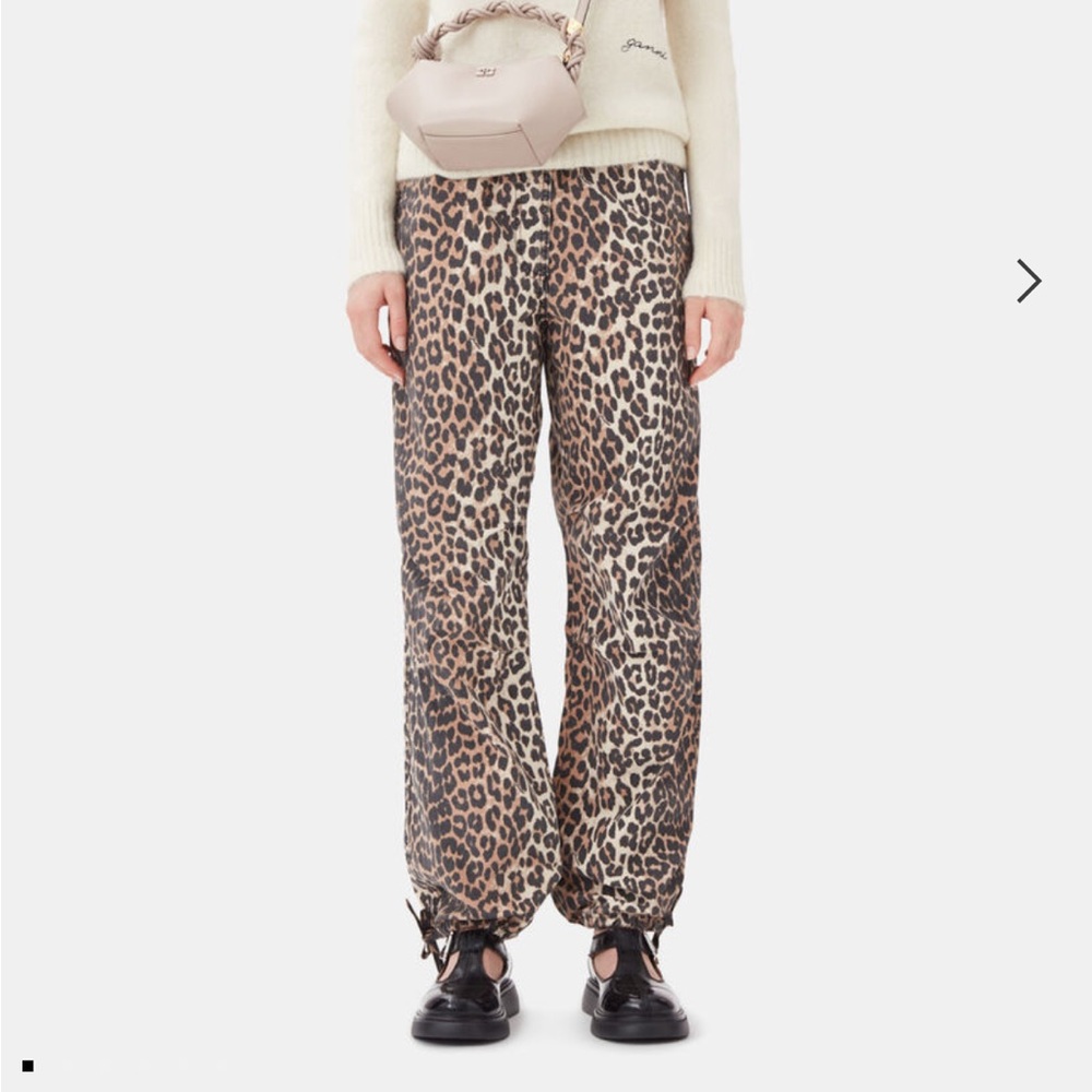 GANNI Leopard Washed Cotton Canvas Drawstring Trousers